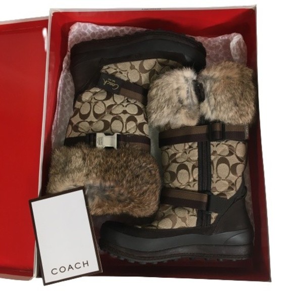 Coach Mariette Winter Snow Boot Sz 6M A7185 Signature Canvas Suede Fur Trim - Picture 2 of 16